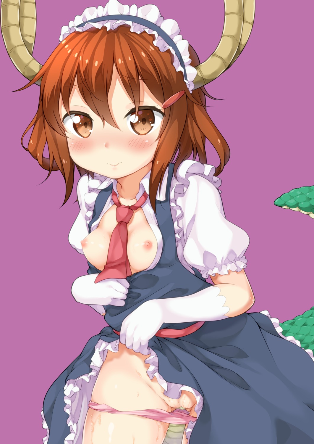 breasts cosplay horns ikazuchi_(kancolle) kantai_collection kobayashi-san_chi_no_maidragon loli maid miyabeeya nipples no_bra open_shirt pantsu panty_pull pussy pussy_juice skirt_lift tail tooru_(maidragon)