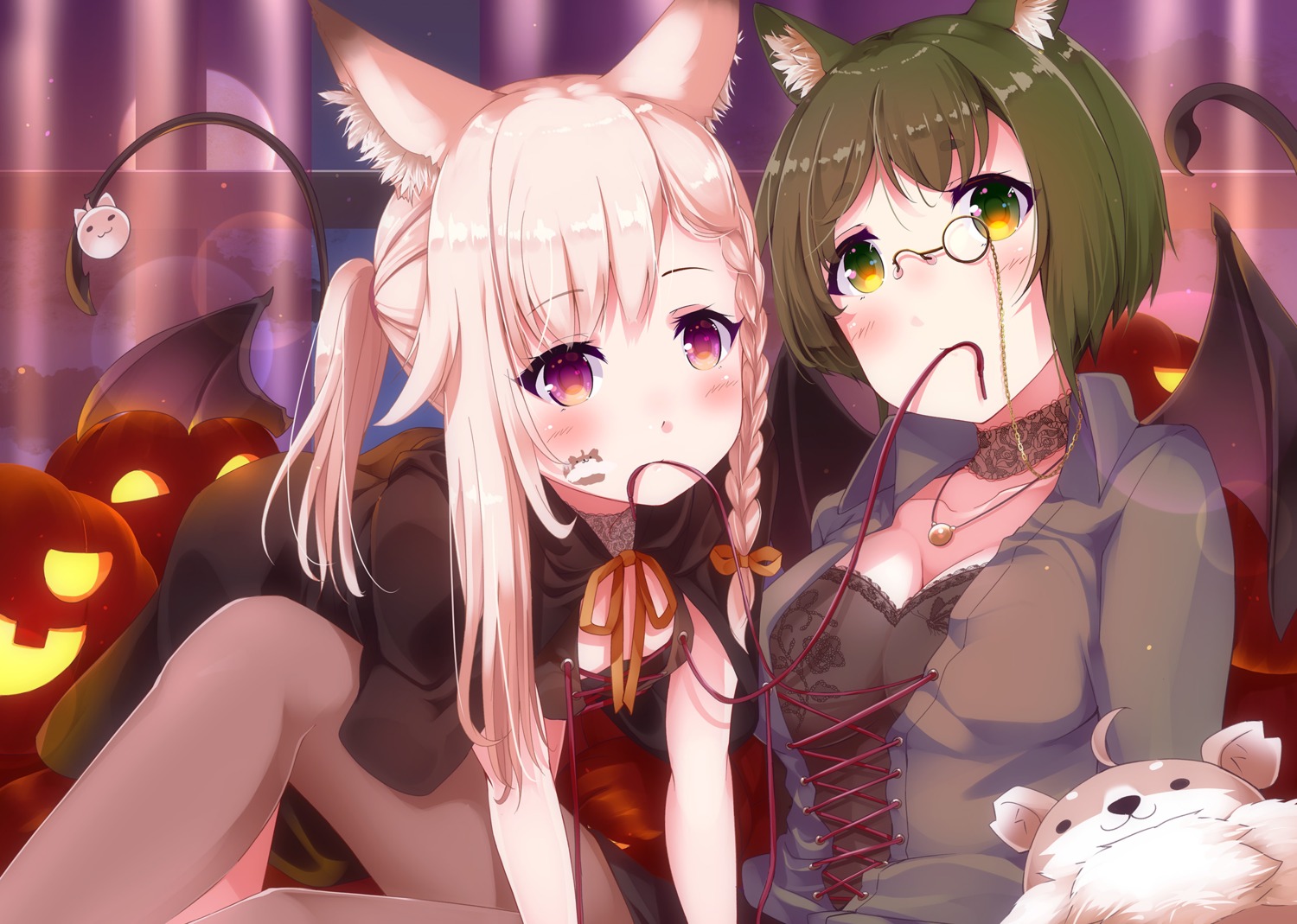 animal_ears animare cleavage halloween megane nanashi_inc. pantyhose shiromiya_mimi skirt_lift tagme tail wings