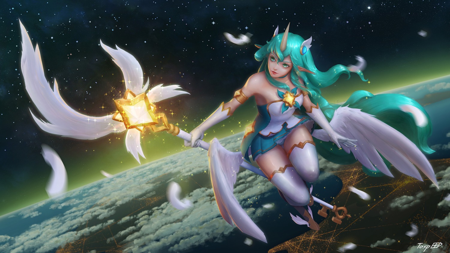 animal_ears dress horns league_of_legends pantsu pointy_ears soraka thighhighs tospeed wallpaper weapon wings