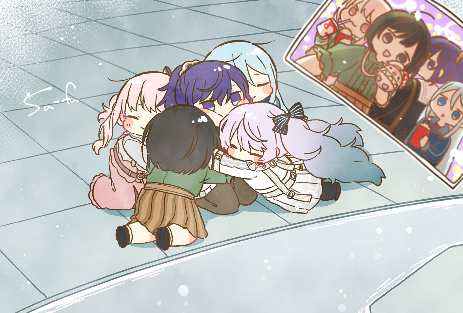 akiyama_mizuki asahina_mafuyu chibi gym_uniform hatsune_miku project_sekai sa-fu seifuku selfie shinonome_ena sweater trap vocaloid yoisaki_kanade