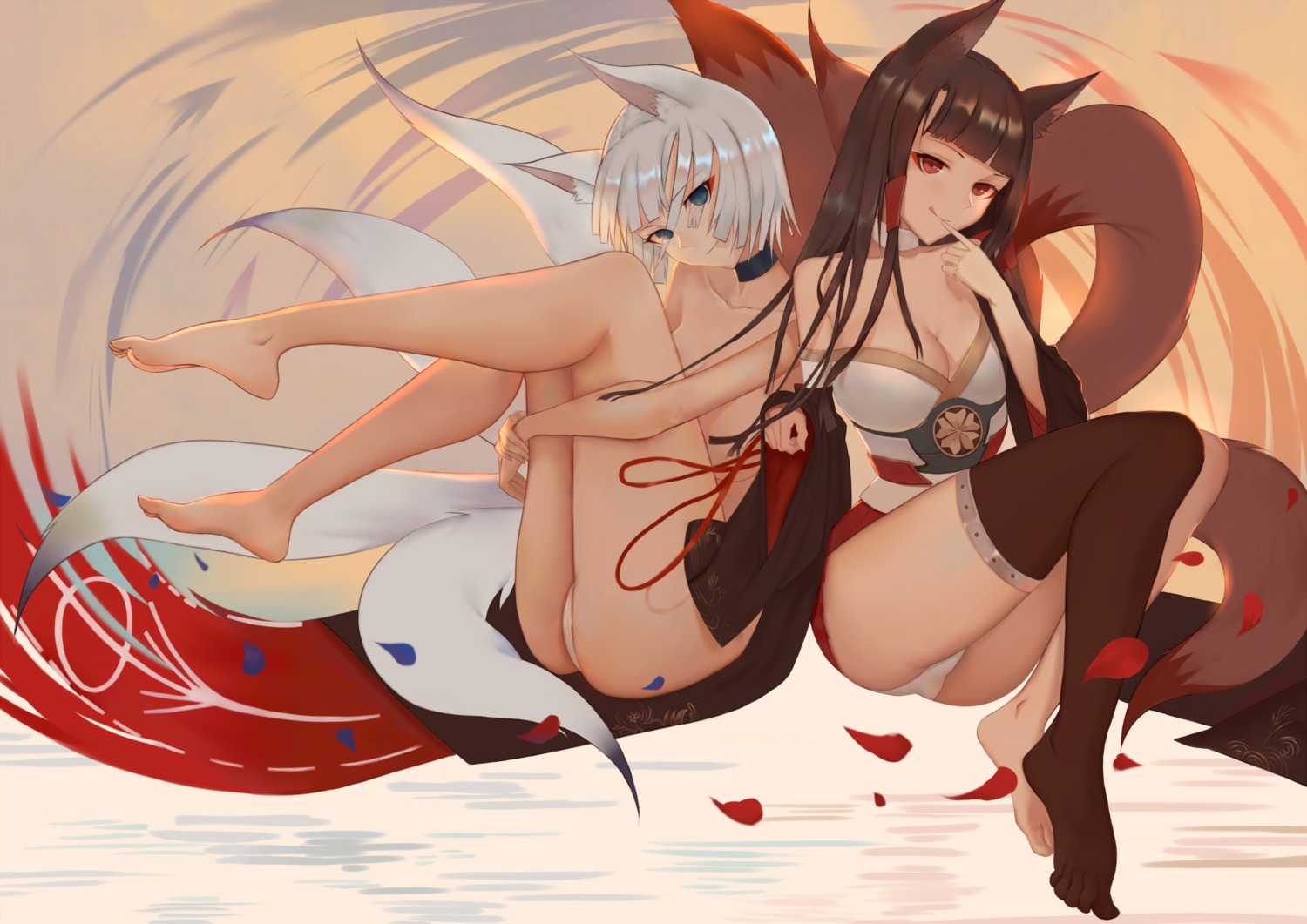 akagi_(azur_lane) animal_ears azur_lane cleavage feet japanese_clothes kaga_(azur_lane) kitsune ocarino pantsu tail thighhighs topless