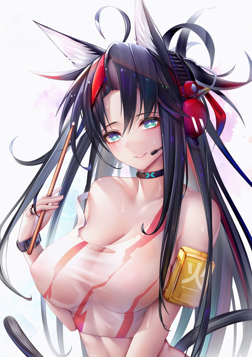 animal_ears areola arknights blaze_(arknights) erect_nipples headphones no_bra see_through tail torn_clothes zhixue