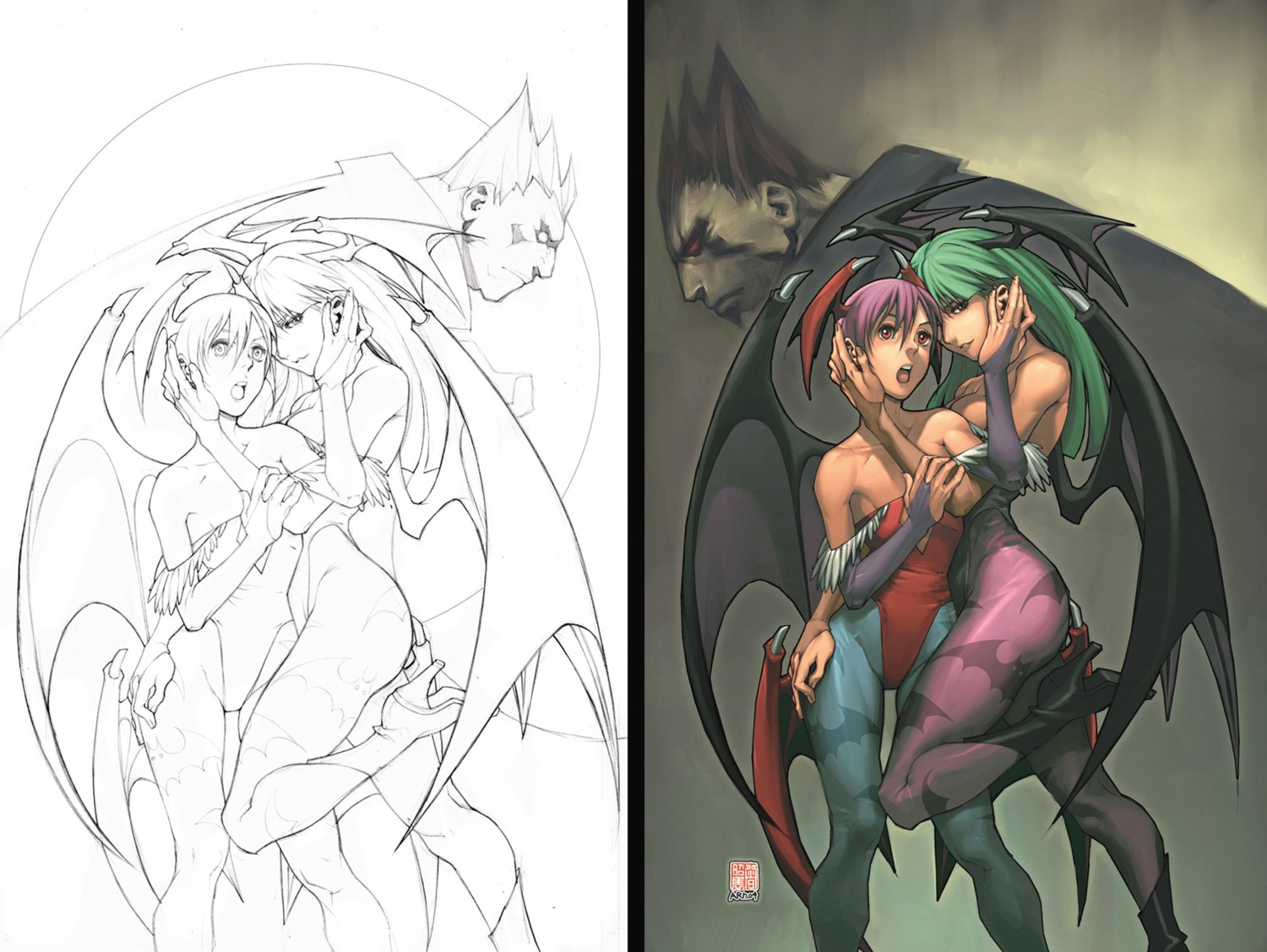 arnold_tsang capcom cleavage dark_stalkers demitri_maximoff leotard lilith_aensland line_art monochrome morrigan_aensland pantyhose udon_entertainment wings yuri