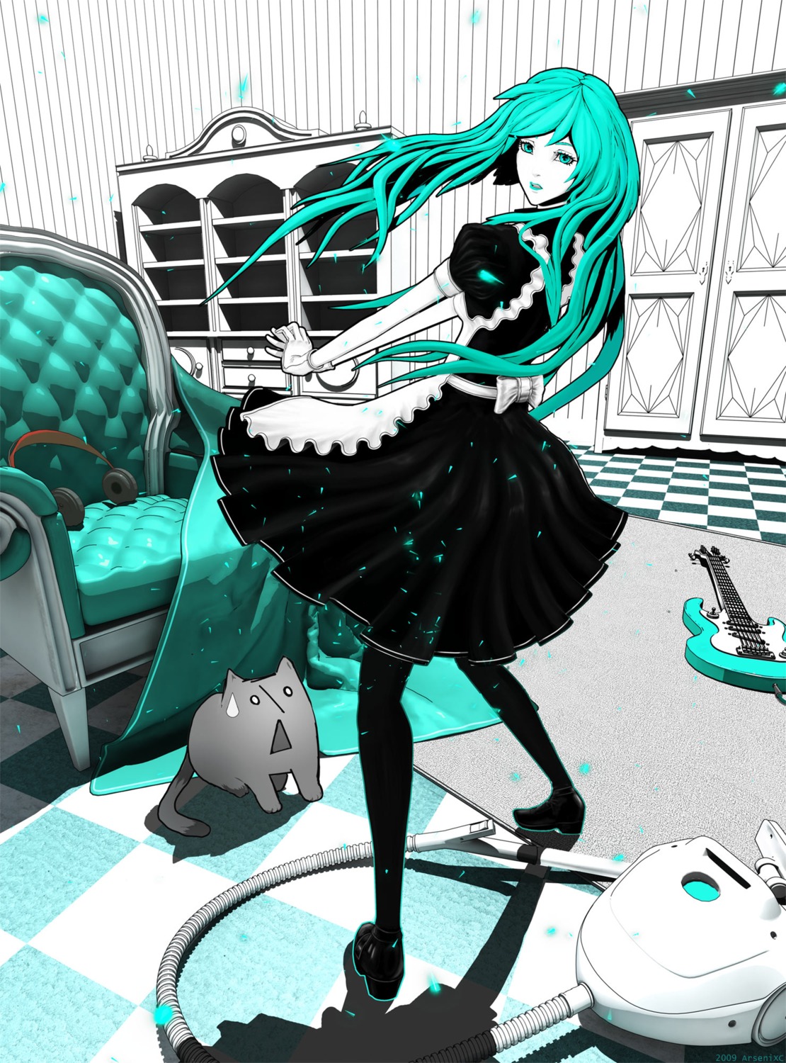 arsenixc dress guitar hatsune_miku maid neko pantyhose vocaloid