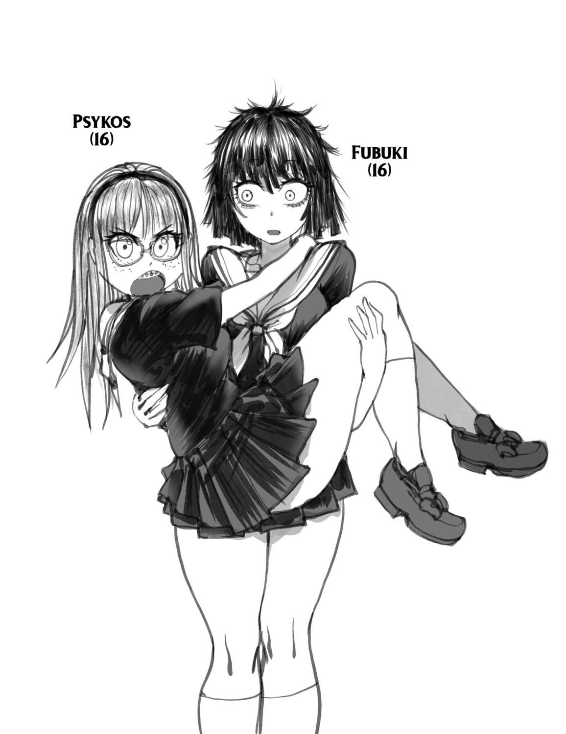 fubuki_(one_punch_man) monochrome one_punch_man psykos_(one_punch_man) seifuku skirt_lift thegoldensmurf yuri