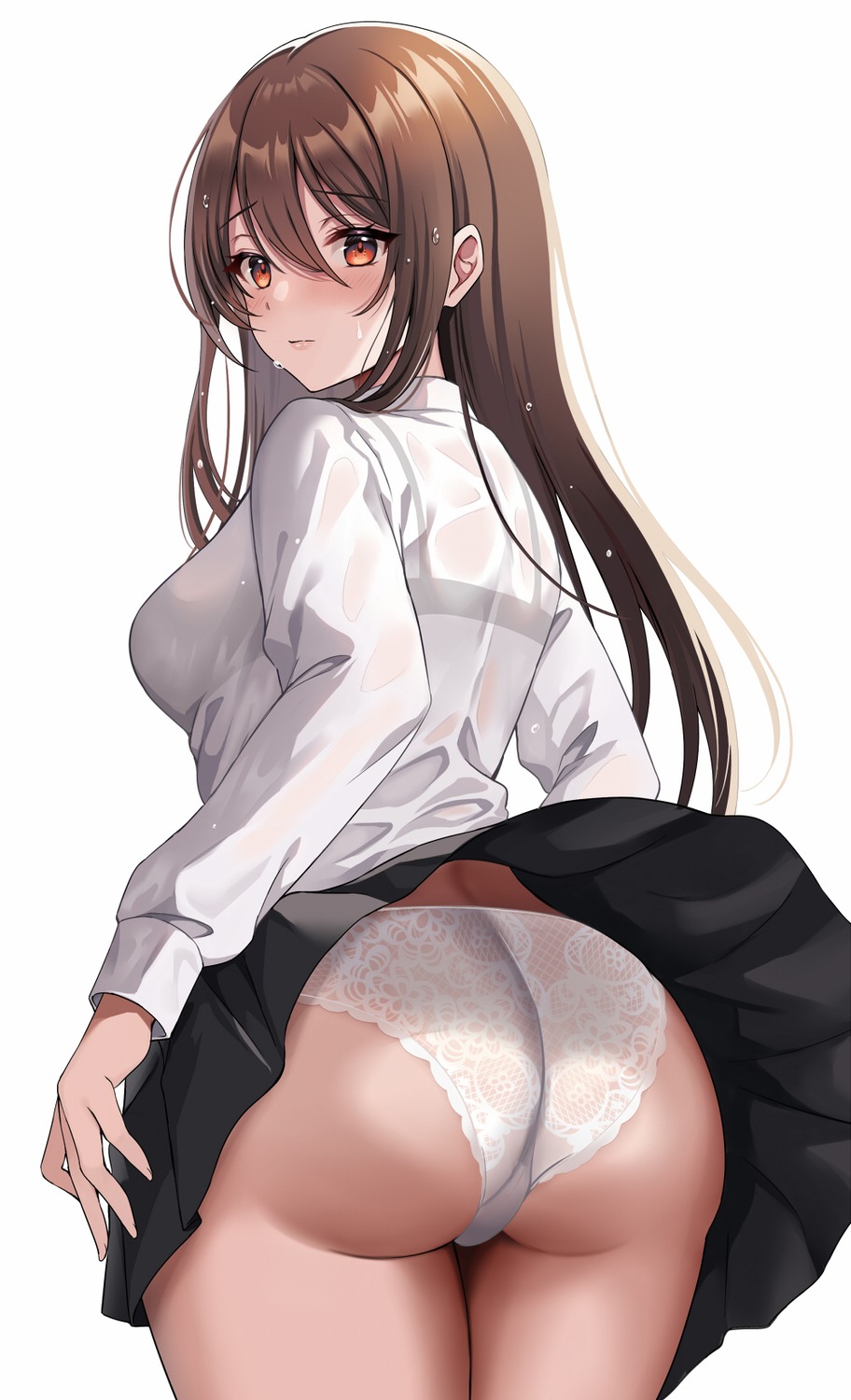 ass bra harimoji pantsu see_through seifuku skirt_lift thong wardrobe_malfunction wet wet_clothes