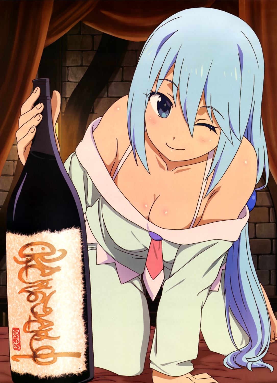 aqua_(konosuba) cleavage kono_subarashii_sekai_ni_shukufuku_wo! open_shirt pajama