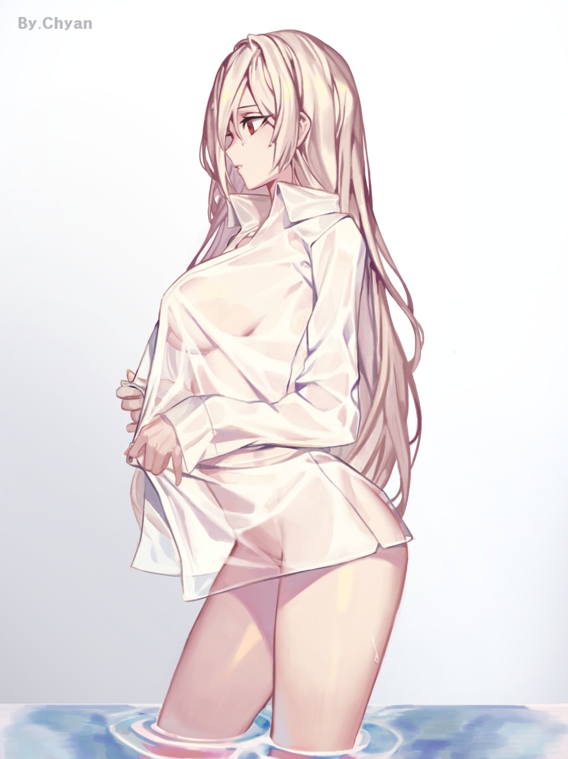 bottomless chyan dress_shirt dungeon_fighter no_bra see_through wet wet_clothes