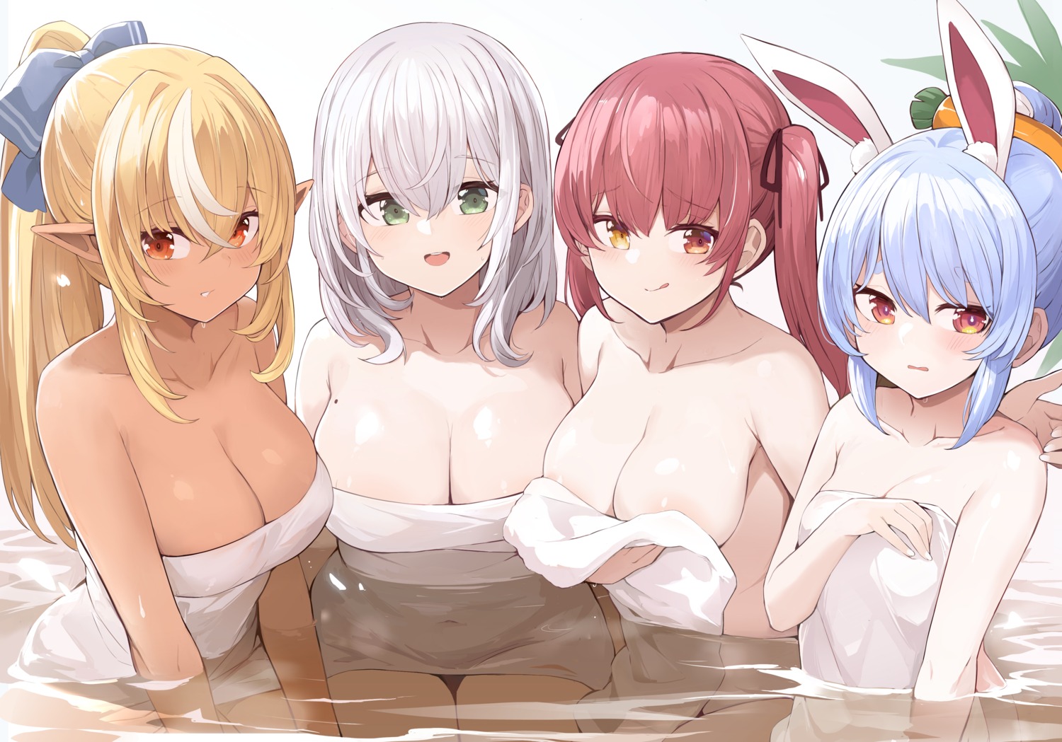 animal_ears areola bathing bunny_ears elf heterochromia hololive houshou_marine mou_tama_maru naked onsen pointy_ears shiranui_flare shirogane_noel towel usada_pekora wet