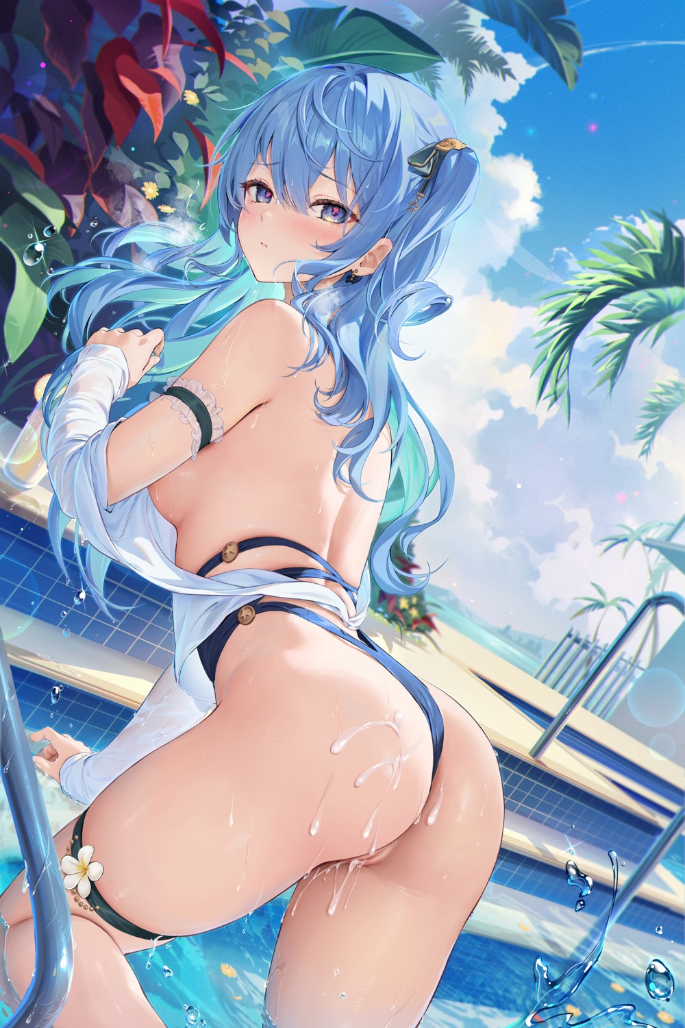ass bikini censored cum garter hololive hoshimachi_suisei houkisei no_bra panty_pull pussy see_through swimsuits thong wet wet_clothes