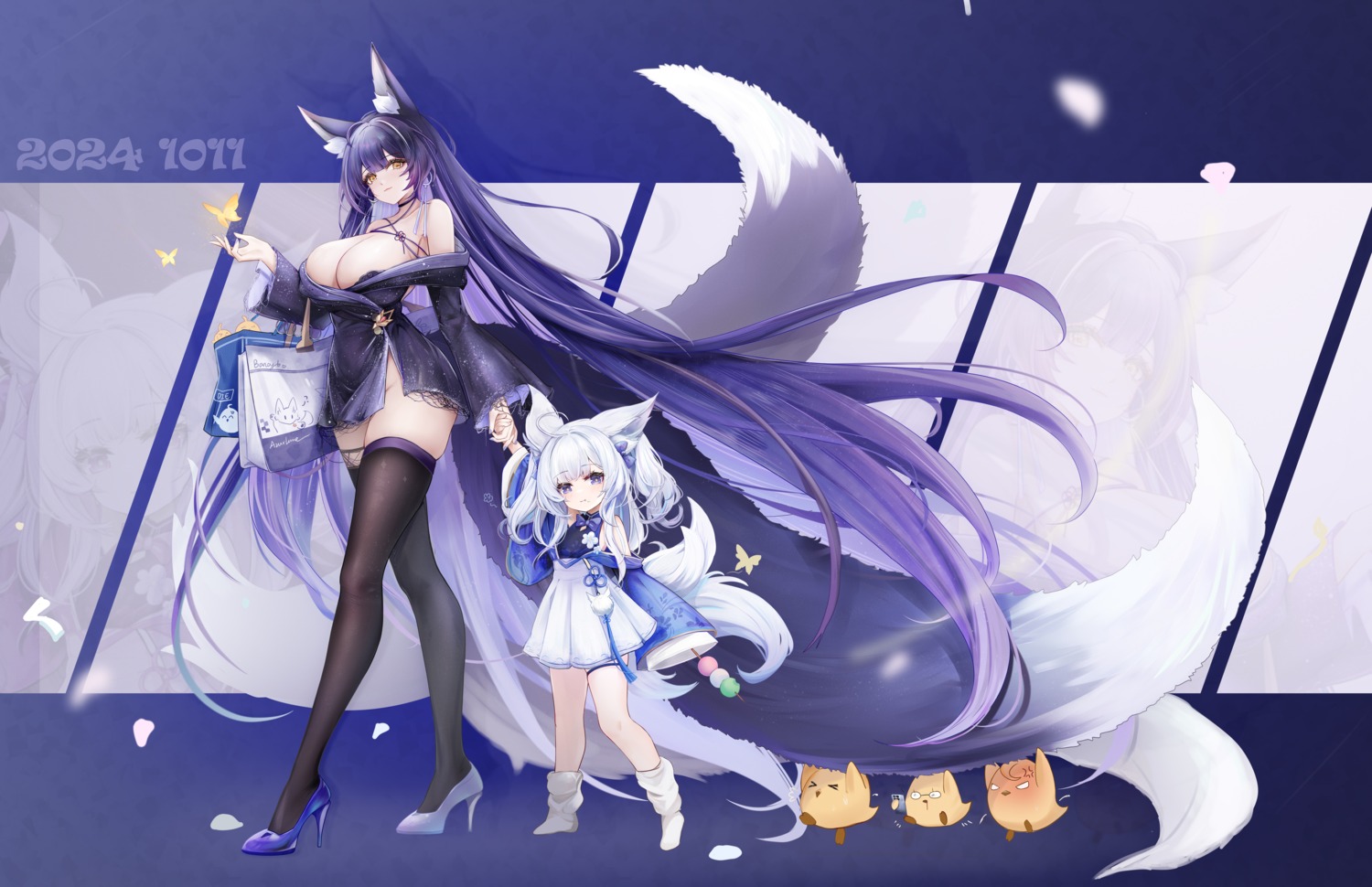 animal_ears azur_lane banchiyuebai garter heels japanese_clothes kitsune manjuu_(azur_lane) musashi_(azur_lane) no_bra nopan shinano-chan_(azur_lane) shinano_(azur_lane) tail thighhighs