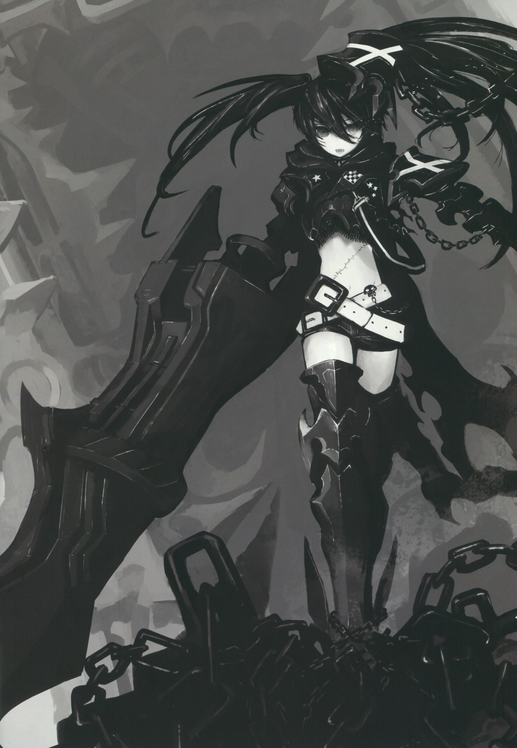 black_rock_shooter black_rock_shooter_(character) huke insane_black_rock_shooter monochrome thighhighs vocaloid