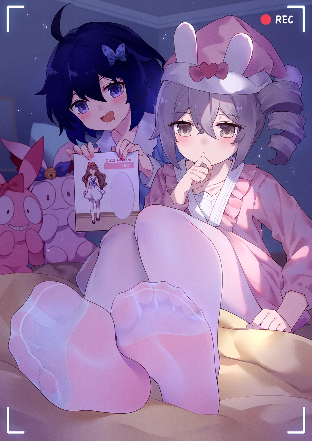 animal_ears benghuai_xueyuan bronya_zaychik bunny_ears feet honkai_impact pajama pantyhose seele_vollerei skirt_lift tsubasa_tsubasa