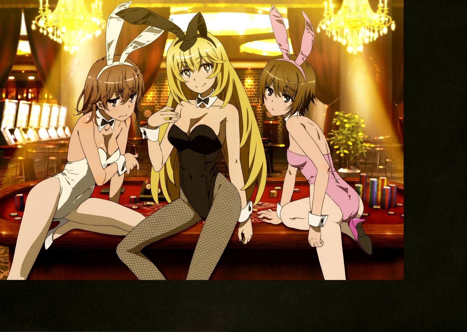 animal_ears bunny_ears bunny_girl fishnets hiyamizu_yukie kinuhata_saiai misaka_mikoto no_bra pantyhose shokuhou_misaki to_aru_kagaku_no_railgun to_aru_majutsu_no_index