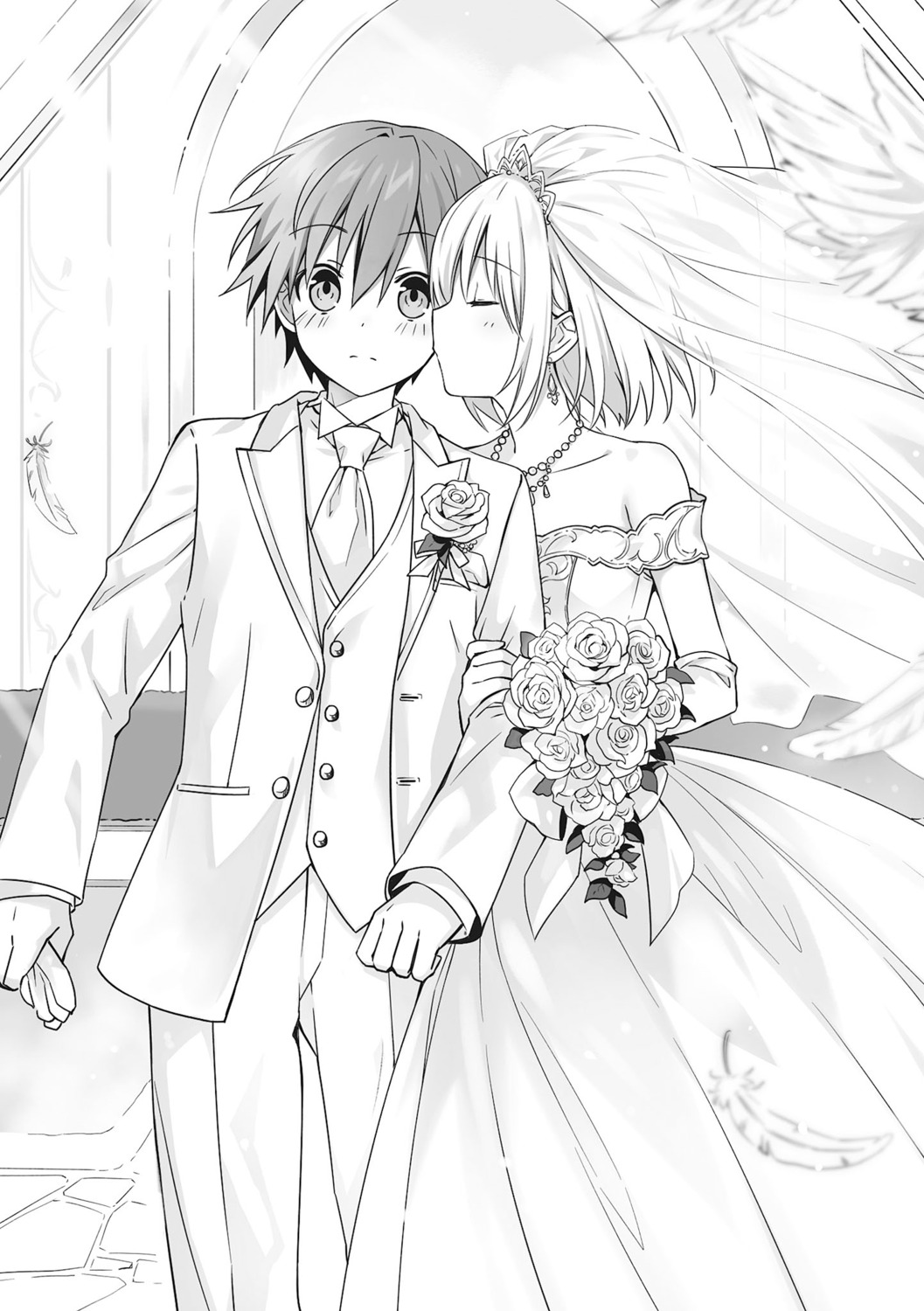 date_a_live dress itsuka_shidou monochrome tobiichi_origami tsunako wedding_dress