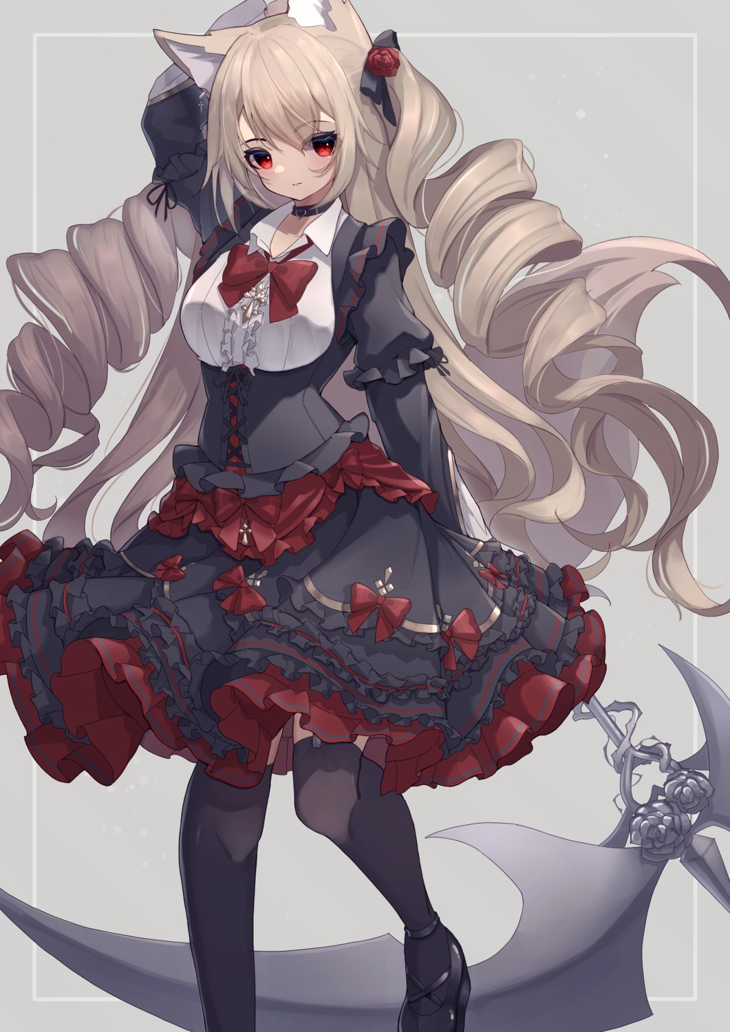 animal_ears gothic_lolita hinata_(pixiv53862745) kitsune lolita_fashion tail thighhighs weapon