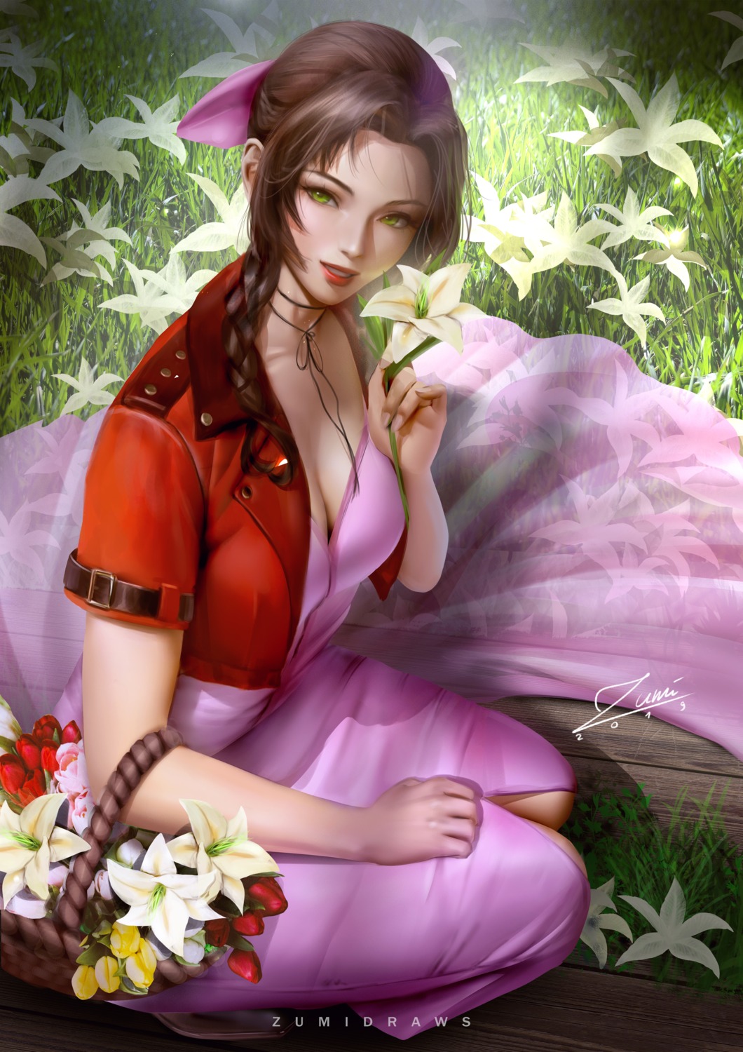 aerith_gainsborough cleavage dress final_fantasy final_fantasy_vii no_bra zumi_(zumidraws)