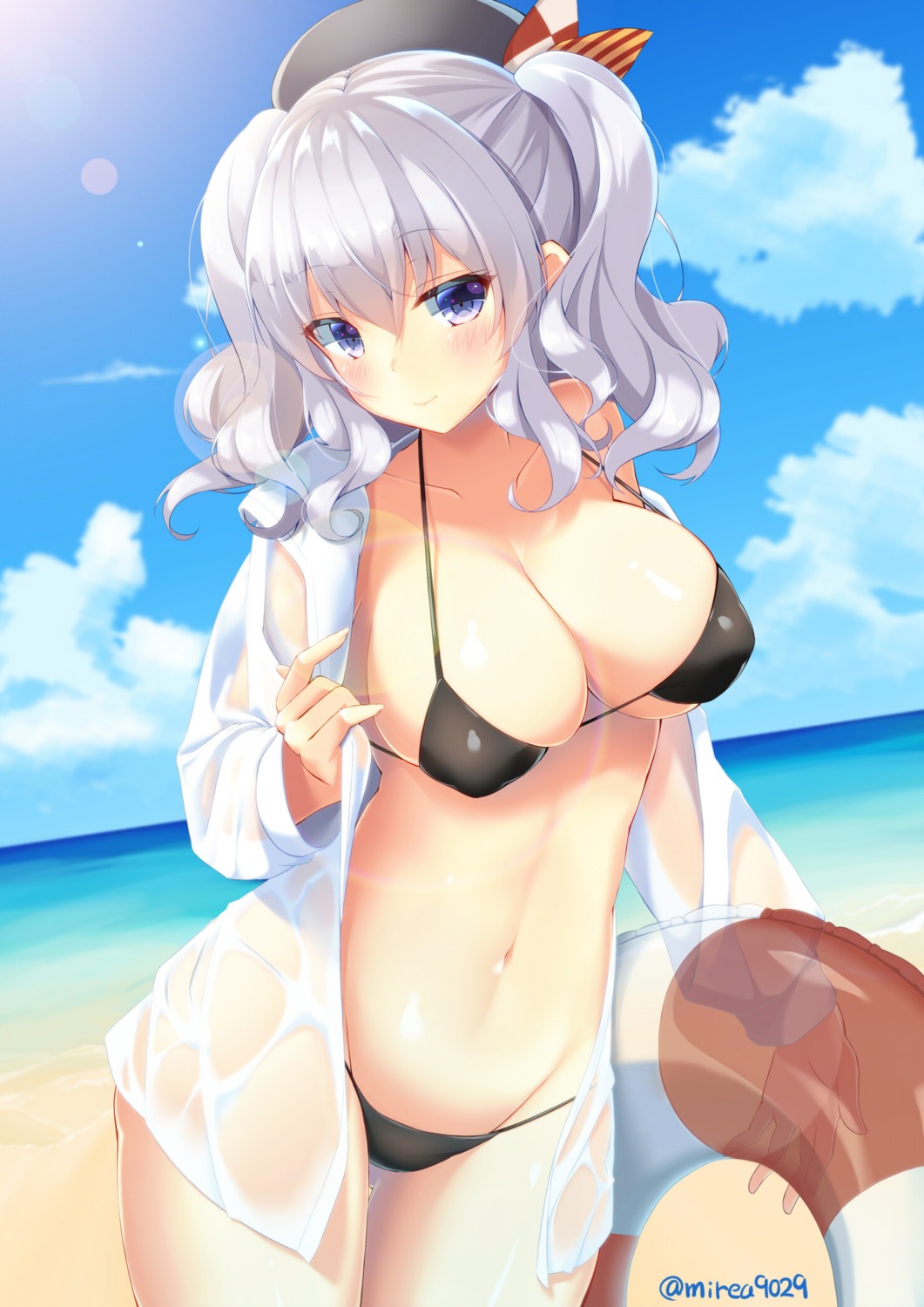 bikini erect_nipples kantai_collection kashima_(kancolle) mirea open_shirt see_through swimsuits wet_clothes