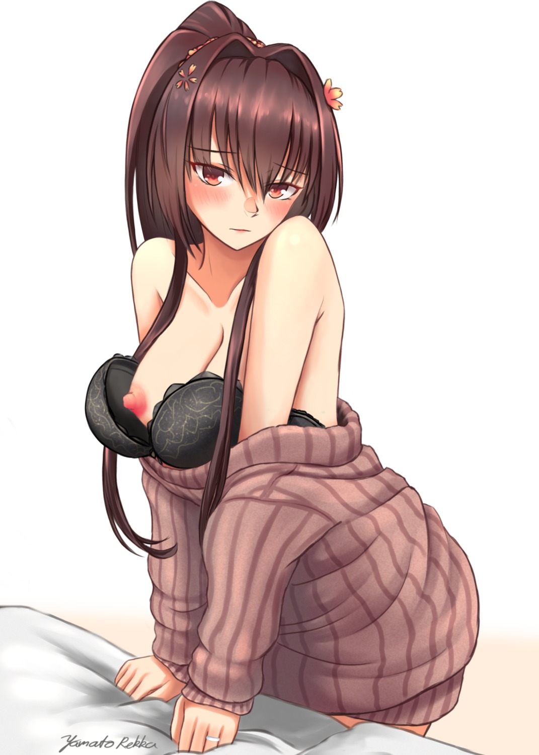 bra breasts kantai_collection nipples open_shirt rekka_yamato sweater yamato_(kancolle)