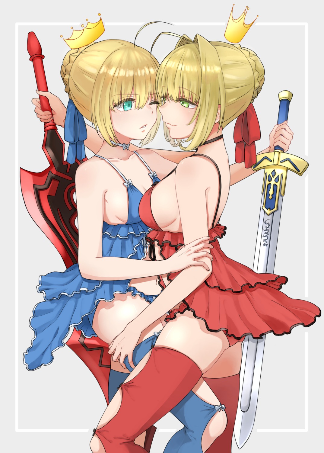 cleavage fate/extra fate/stay_night lingerie pantsu saber saber_extra sword symmetrical_docking takaoka_hide thighhighs yuri