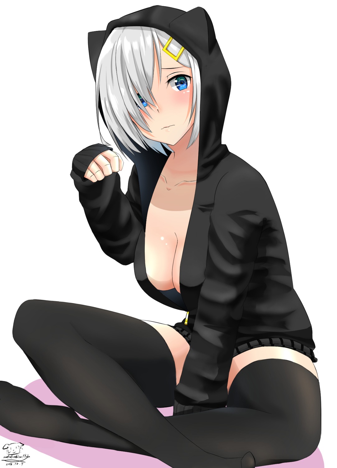 animal_ears hamakaze_(kancolle) kantai_collection lucian_(46888342) no_bra open_shirt thighhighs