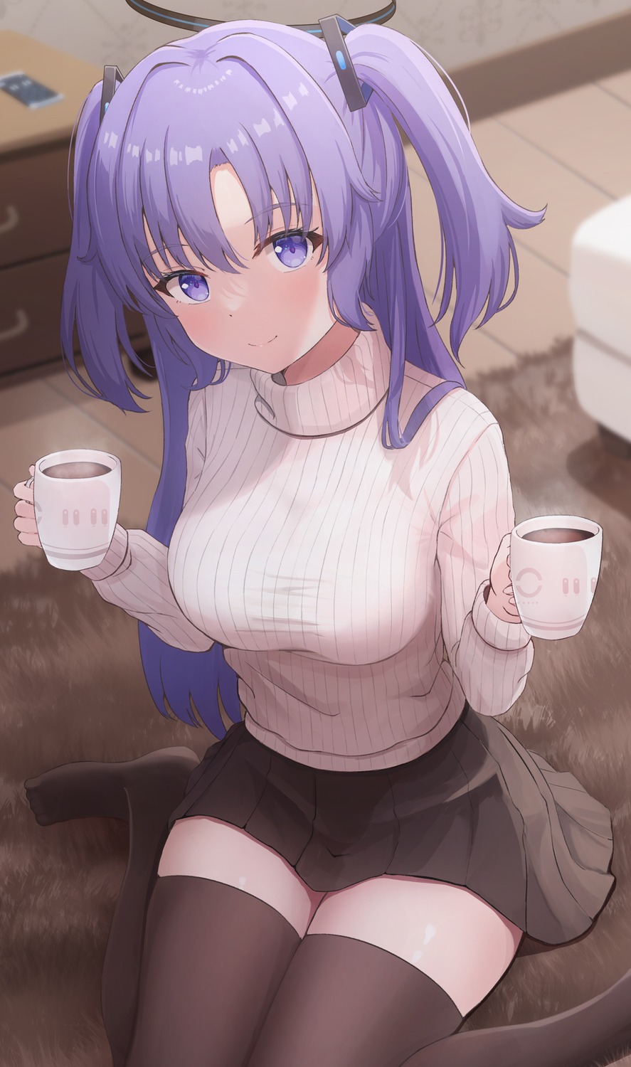 artist_revision blue_archive halo hayase_yuuka hikkyou sweater thighhighs