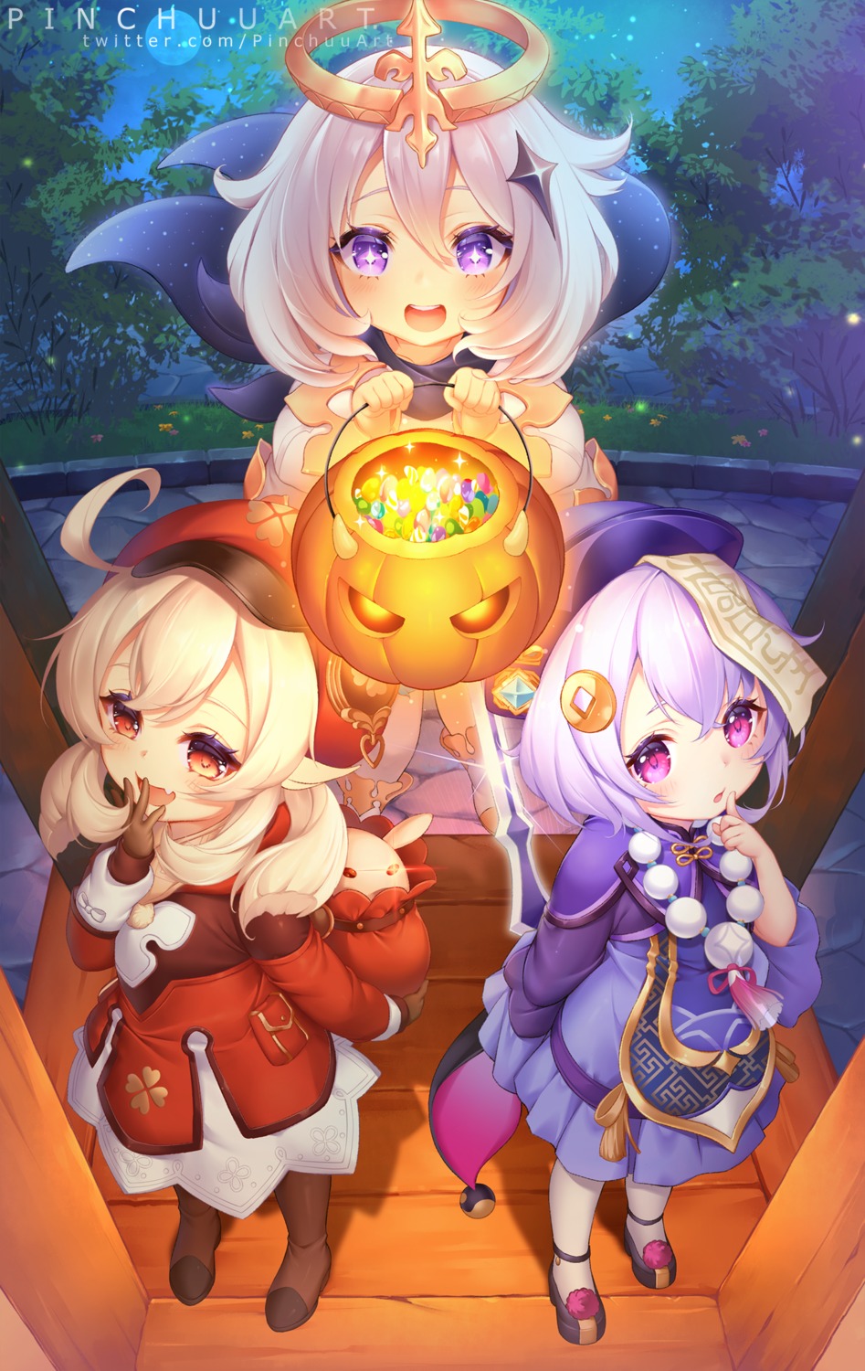 asian_clothes genshin_impact halloween klee paimon pinchuu qiqi thighhighs