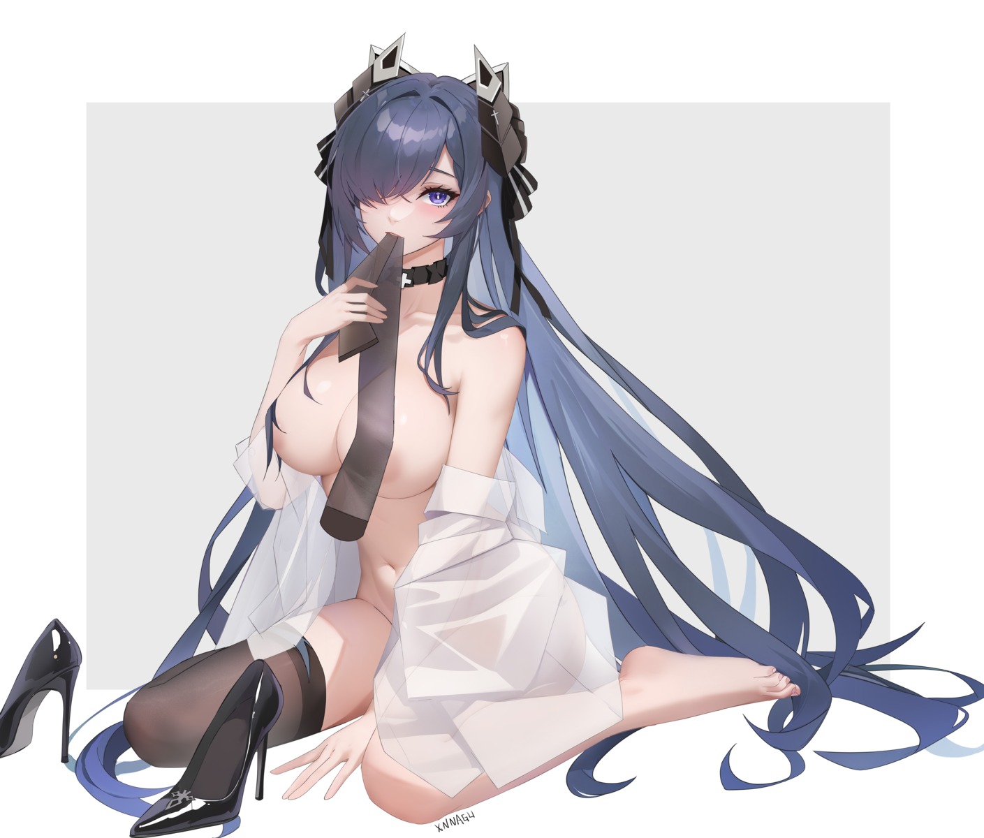 august_von_parseval_(azur_lane) azur_lane heels horns no_bra open_shirt see_through syngeloussier thighhighs