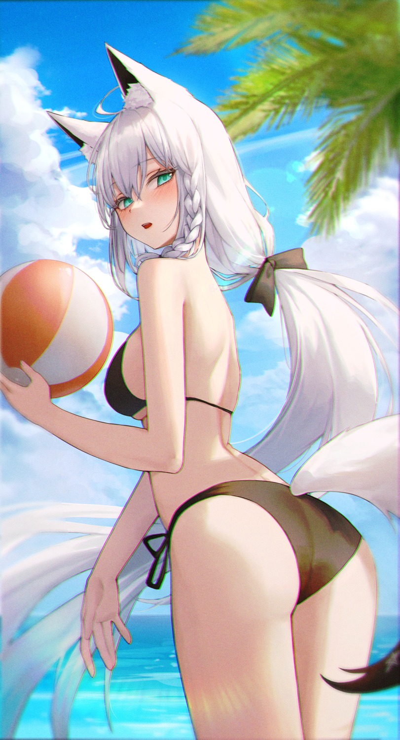 ame_816 animal_ears ass bikini hololive hololive_gamers kitsune shirakami_fubuki swimsuits tail thong