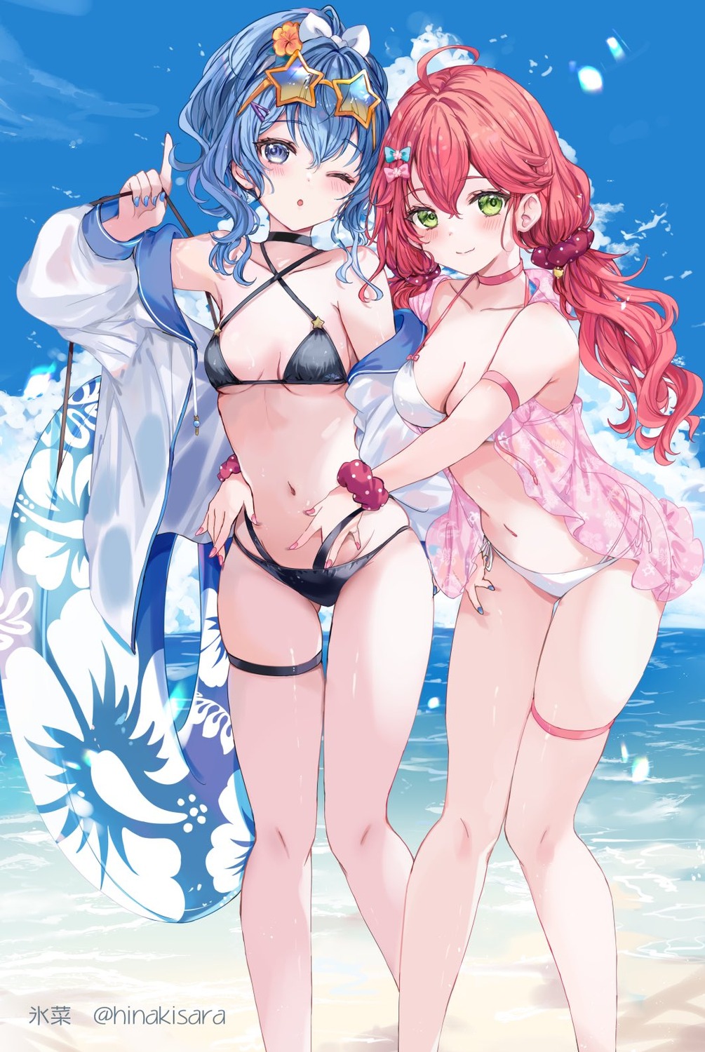 bikini garter hinahino hololive hoshimachi_suisei megane open_shirt sakura_miko see_through swimsuits yuri