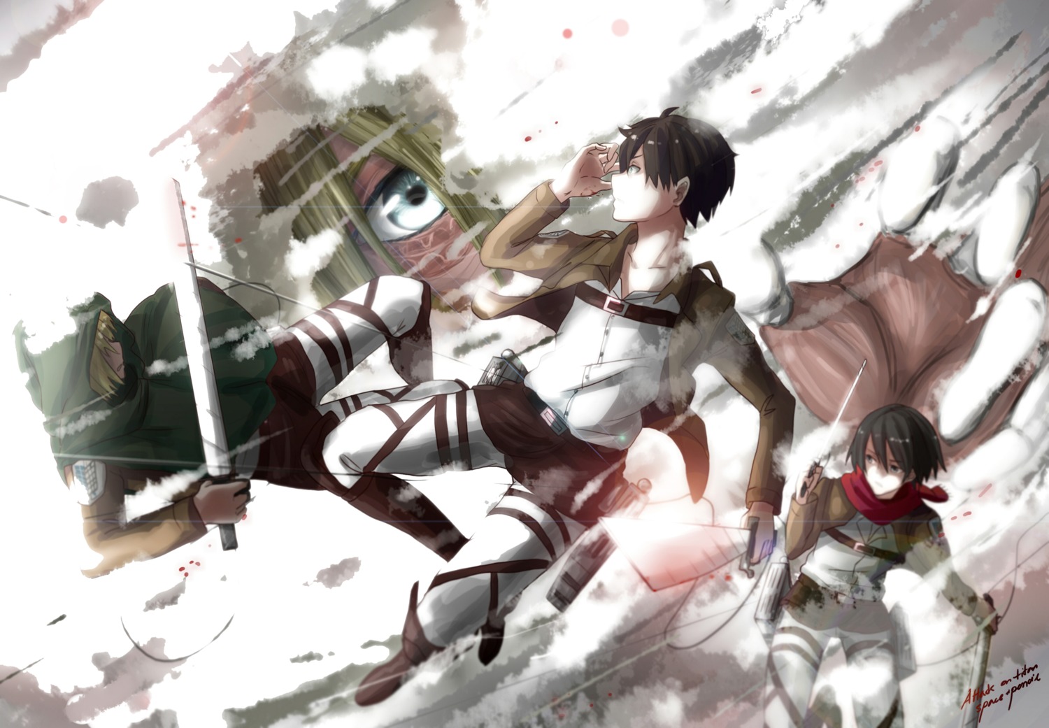 annie_leonhardt armin_arlelt eren_jaeger female_titan mikasa_ackerman shingeki_no_kyojin suppakarn_prakobkij_(soompook2122) uniform