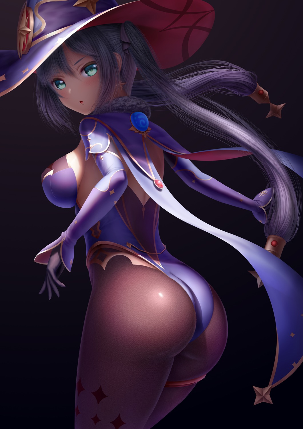 ass garter genshin_impact leotard masatoki mona_megistus no_bra pantyhose witch