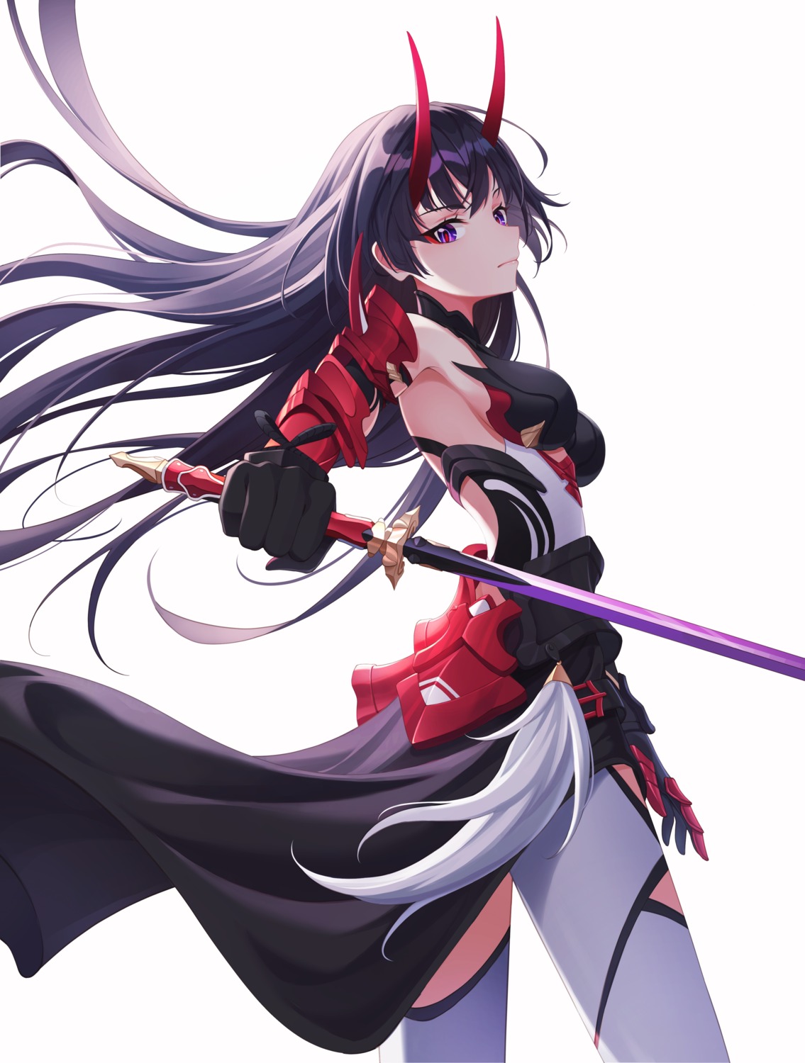 armor benghuai_xueyuan honkai_impact horns no_bra raiden_mei skirt_lift star-ring sword thighhighs