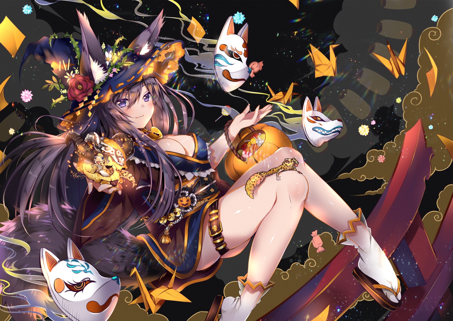 animal_ears garter halloween japanese_clothes kitsune tail usagihime witch