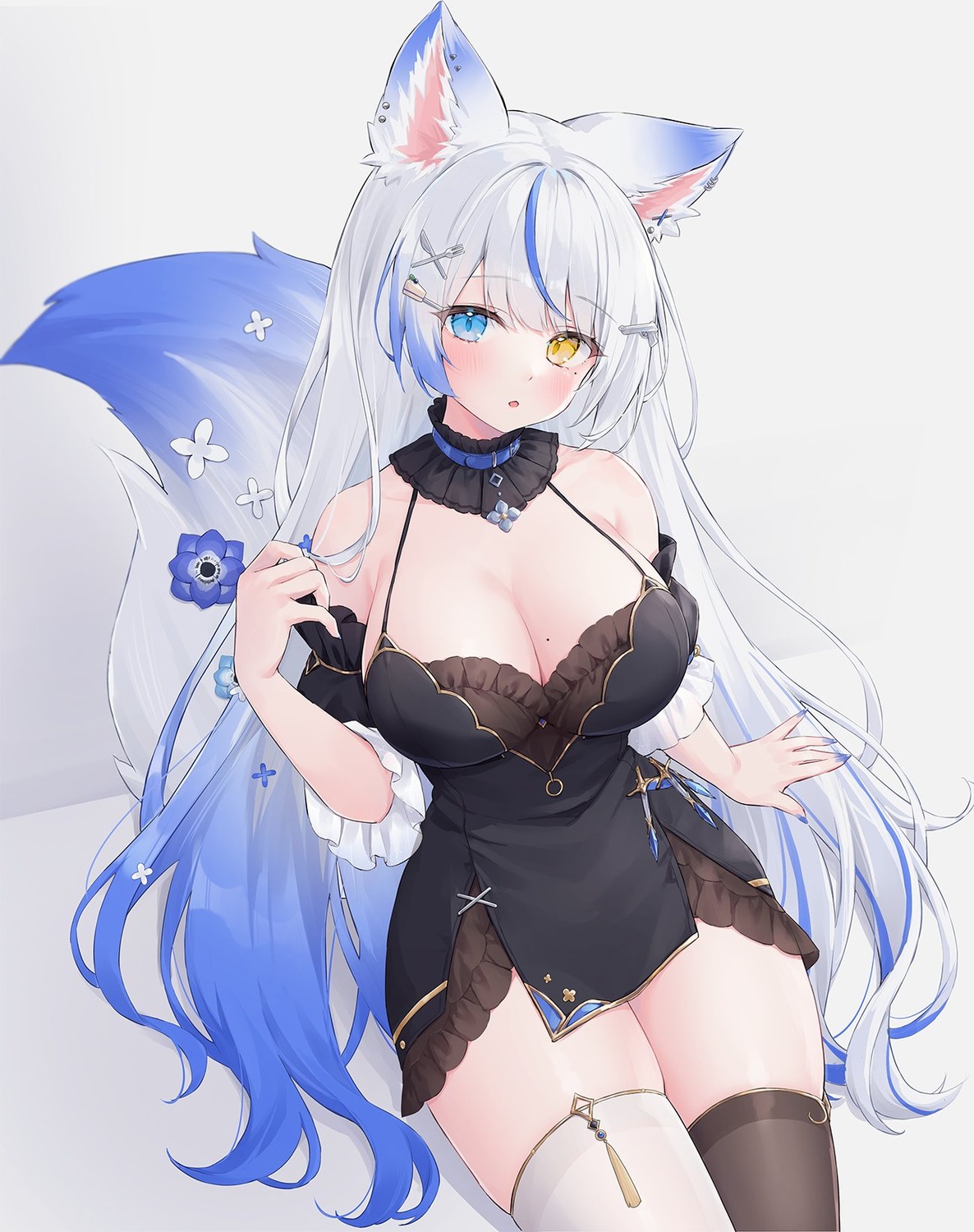 animal_ears dress heterochromia indie_virtual_youtuber lulebel no_bra shano_hiyori tail thighhighs