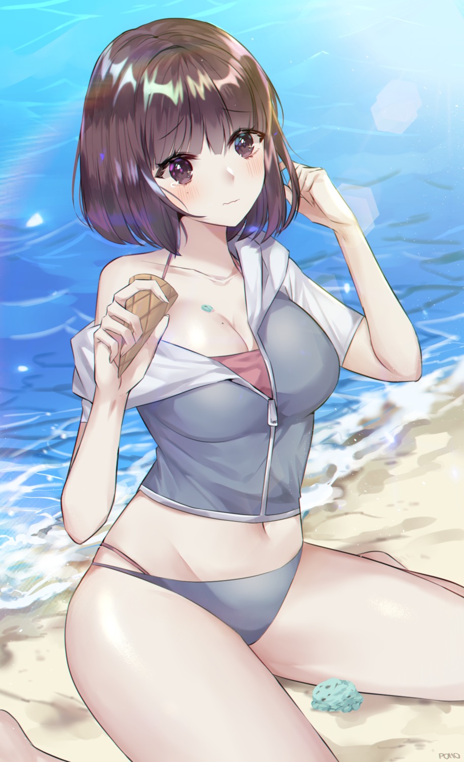 bikini cleavage cream open_shirt poho swimsuits