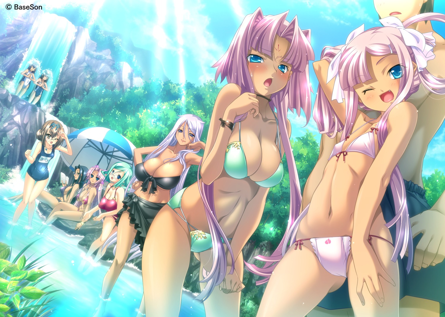 baseson bikini cleavage erect_nipples hikage_eiji kannei katagiri_hinata koihime_musou kougai loli megane rikuson ryomou school_swimsuit shuutai shuuyu sonken sonsaku sonshoukou swimsuits tattoo wet