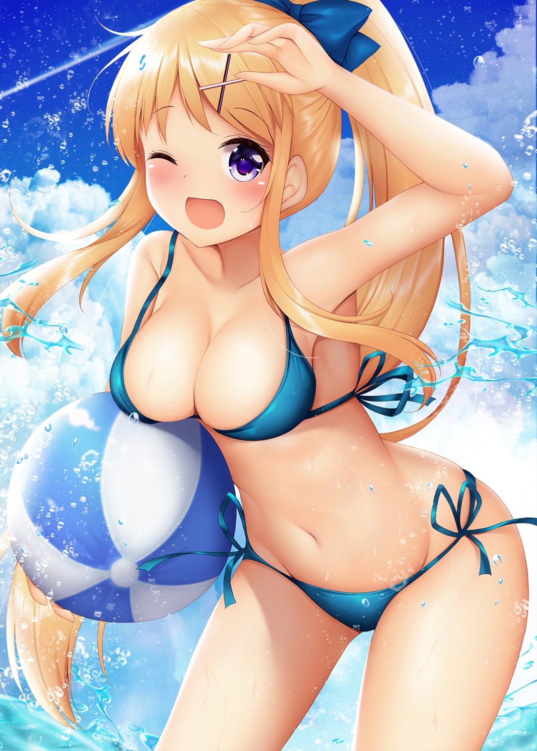 bikini kin'iro_mosaic kujou_karen minato_ojitan swimsuits wet