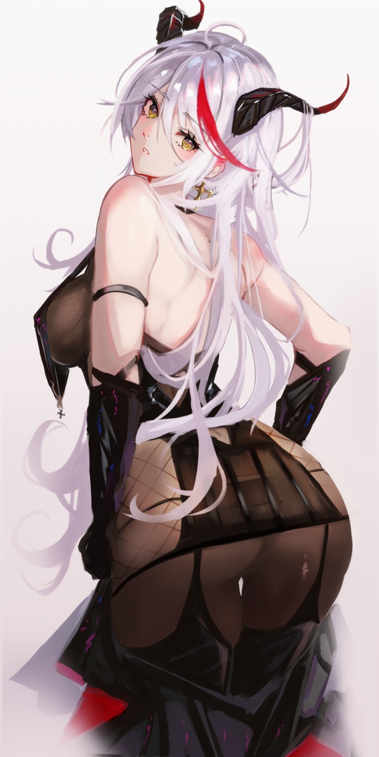 aegir_(azur_lane) ass azur_lane horns no_bra panipo pantyhose see_through stockings thighhighs