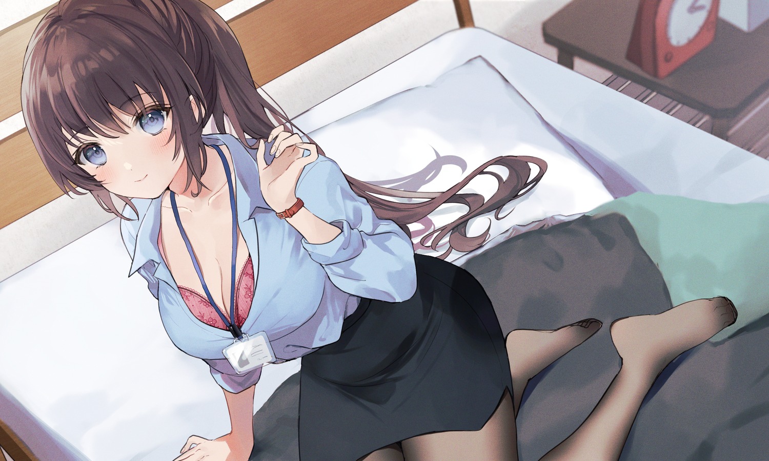 bra cleavage dress_shirt kanaiko open_shirt pantyhose