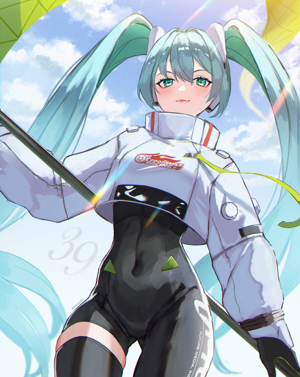 bodysuit goodsmile_racing gudanco_(nyanmeowzer) hatsune_miku headphones racing_miku thighhighs vocaloid