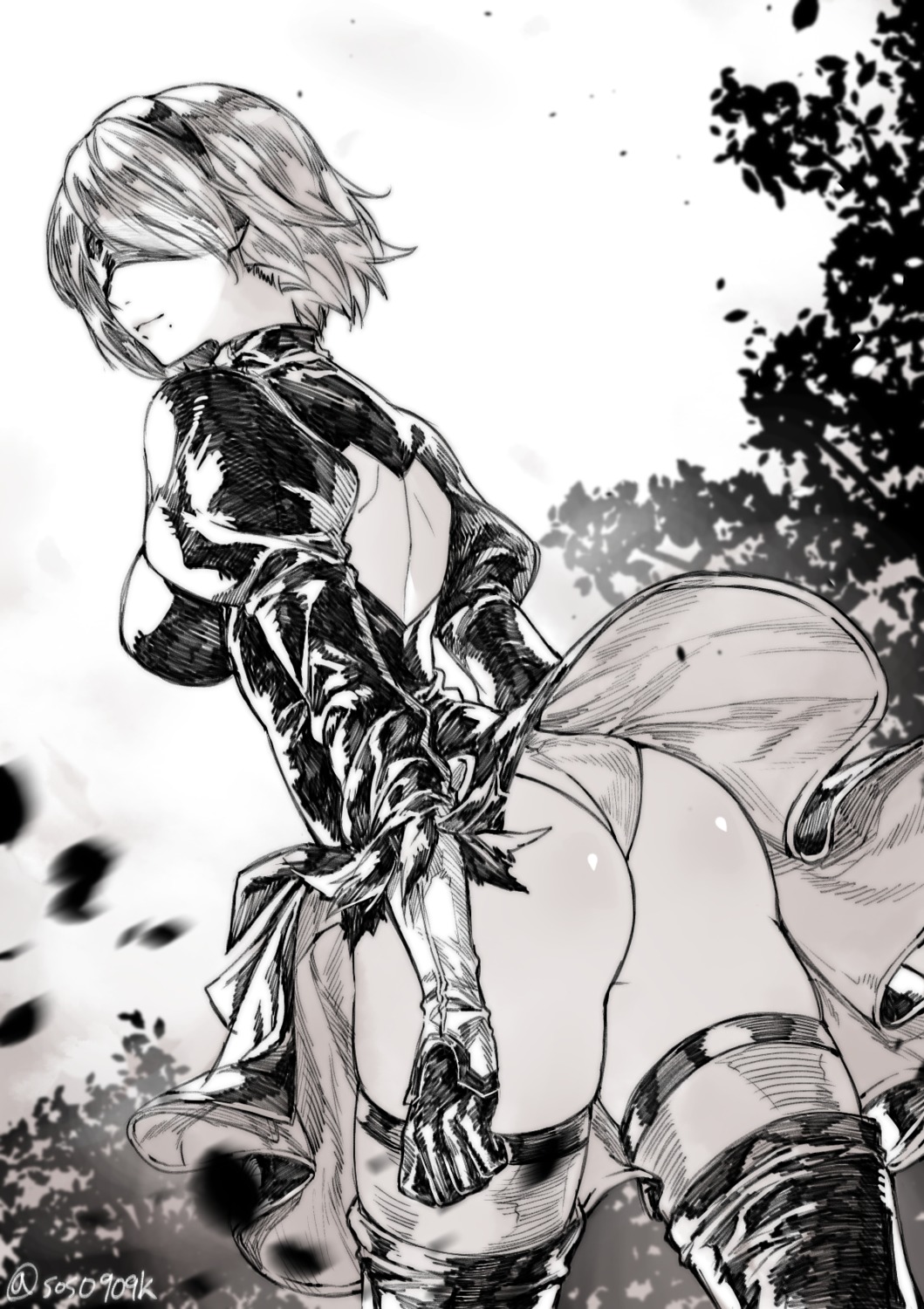 ass black_joa dress leotard monochrome nier_automata skirt_lift thighhighs yorha_no.2_type_b