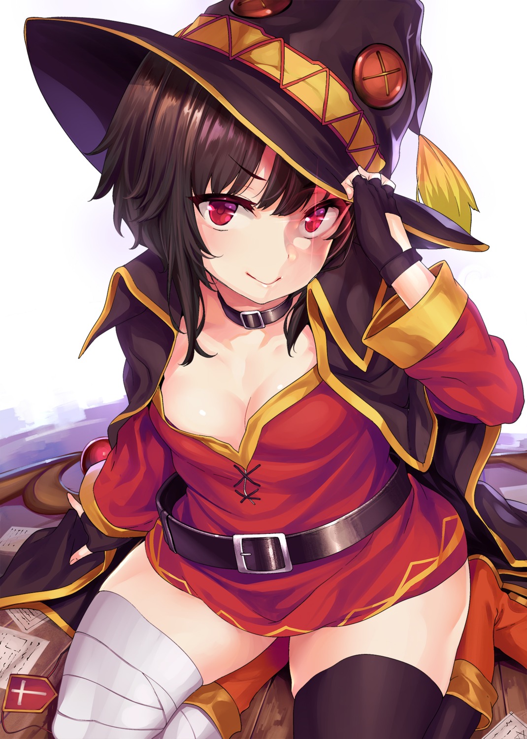 bandages cleavage dress kono_subarashii_sekai_ni_shukufuku_wo! megumin no_bra open_shirt shiokonbu skirt_lift thighhighs witch