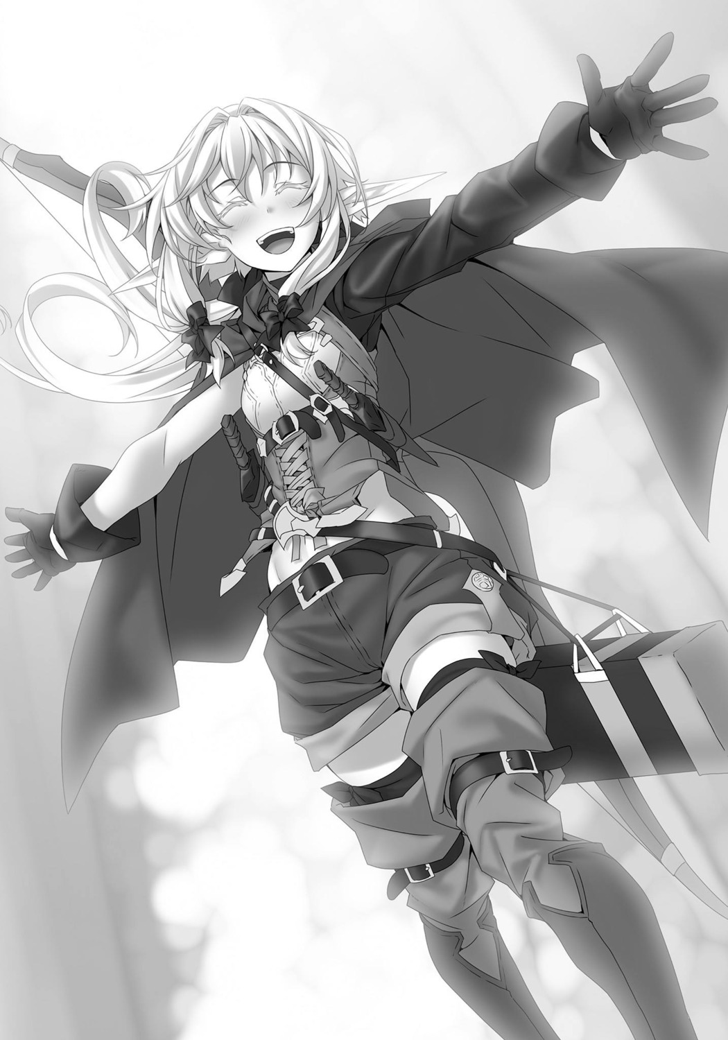 elf goblin_slayer high_elf_archer kannatsuki_noboru monochrome pointy_ears thighhighs weapon