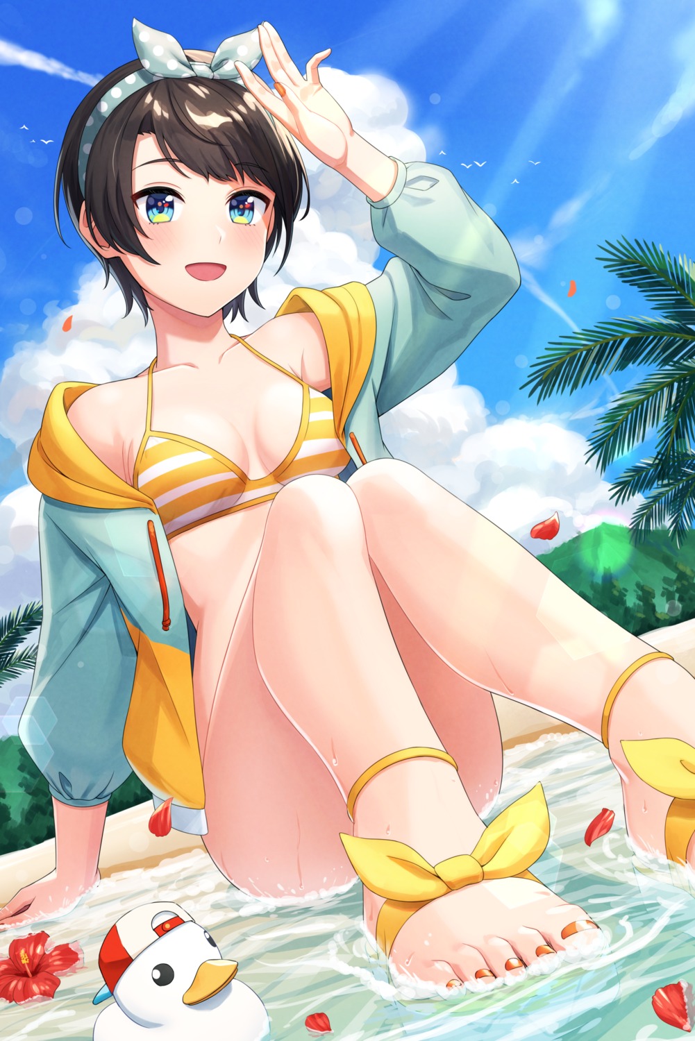 bikini_top bottomless cleavage feet hololive kurageso oozora_subaru open_shirt swimsuits wet