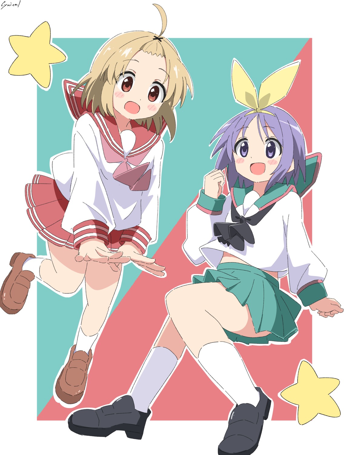 a_channel crossover cynical_(llcbluckg_c004) hiiragi_tsukasa lucky_star momoki_run seifuku skirt_lift