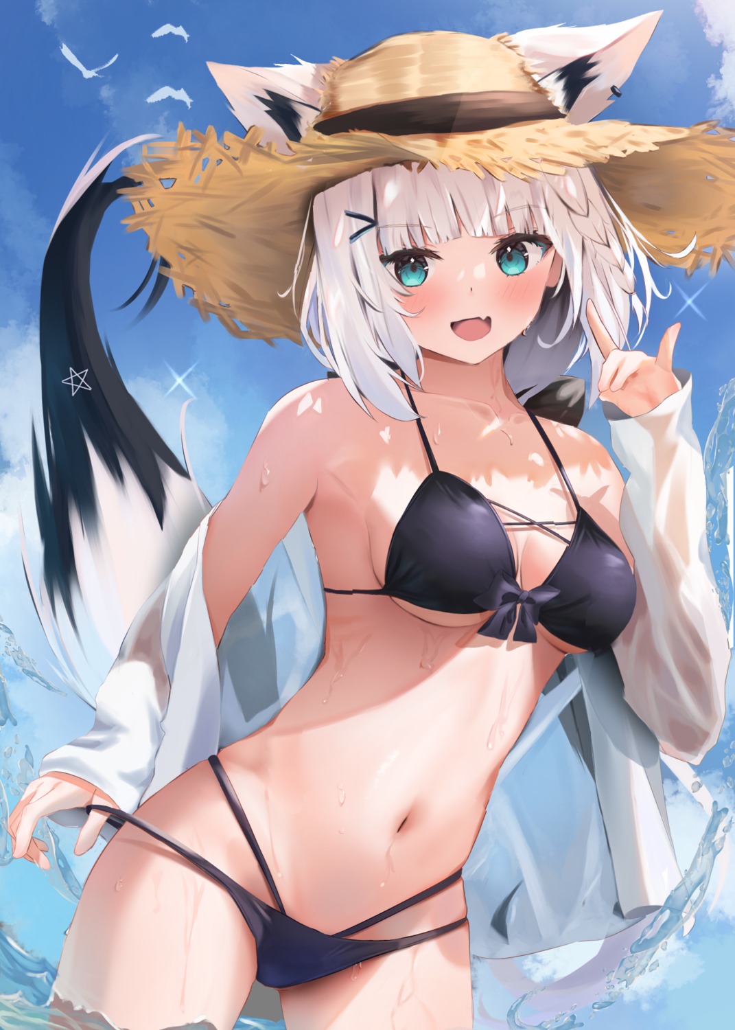 animal_ears artist_revision bikini hololive hololive_gamers kitsune shirakami_fubuki swimsuits tail uechin_ewokaku wet