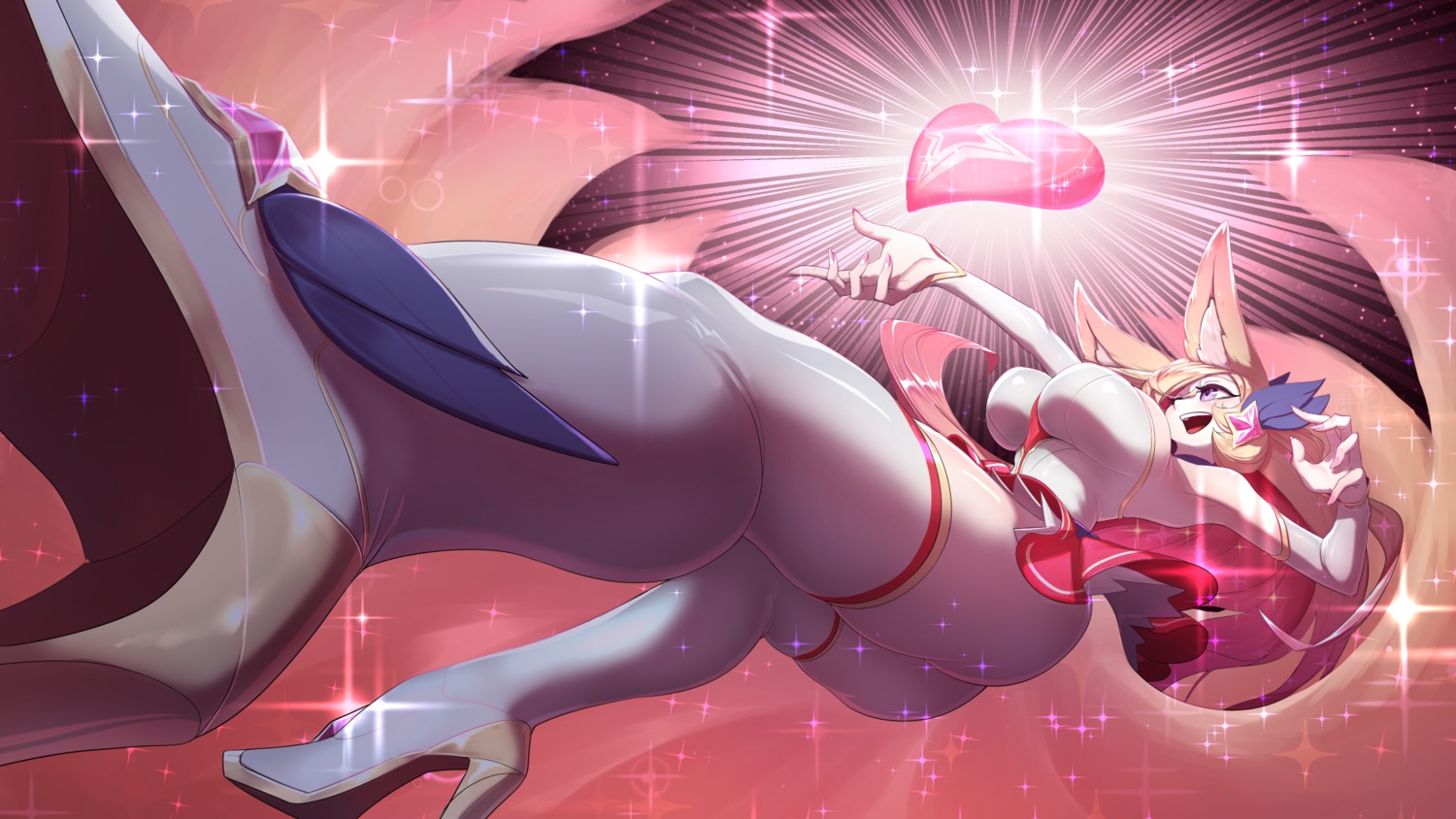 ahri animal_ears heels kitsune league_of_legends no_bra nopan skirt_lift thighhighs wallpaper yabby