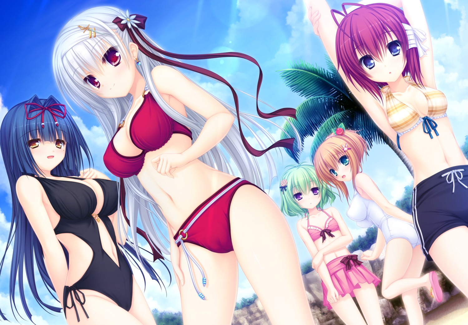 bikini cameltoe cleavage game_cg justy_x_nasty kagami_hibiki kamui_mikaru kuroki_kirie mikagami_mamizu onose_mana ootsuki_karin swimsuits whirlpool