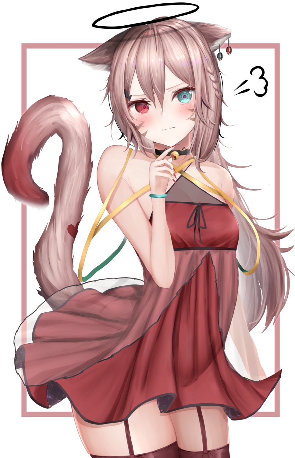 animal_ears cleavage dress heterochromia mo_(mainiti_omoti) nekomimi see_through skirt_lift stockings tail thighhighs